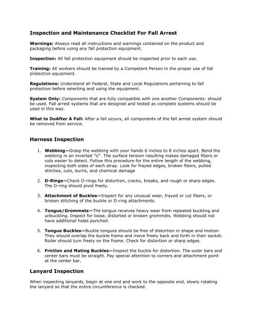 Inspection and Maintenance Checklist For Fall Arrest ... - miccs