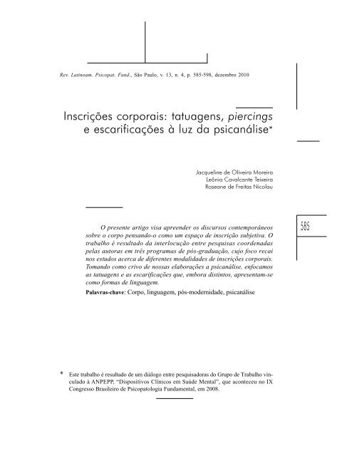 tatuagens, piercings e escarificações à luz da psicanálise - SciELO
