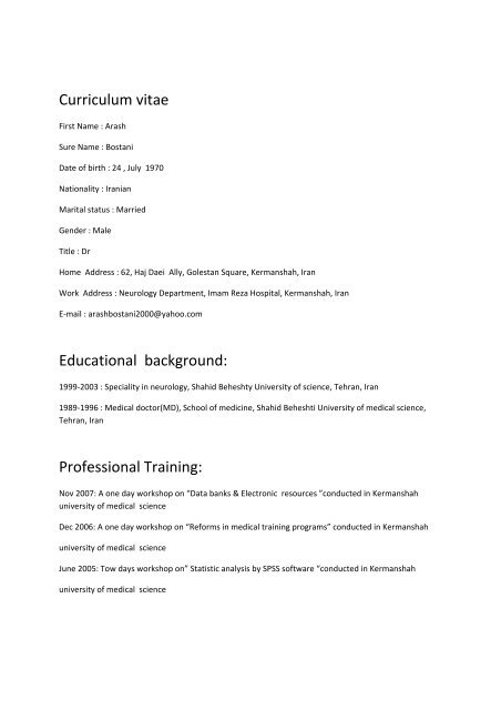 Curriculum Vitae Educational Background Professional Training
