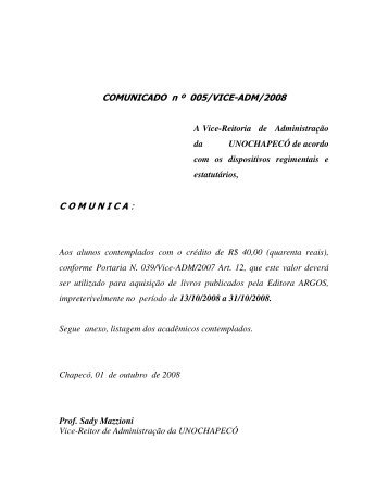 COMUNICADO n Âº 005/VICE-ADM/2008 COMUNICA - UnochapecÃ³