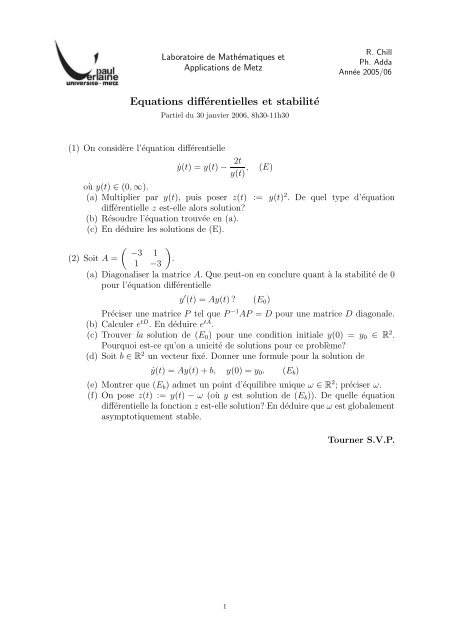 Equations diffÃ©rentielles et stabilitÃ©