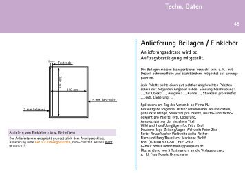 Anlieferung Beilagen / Einkleber Techn. Daten