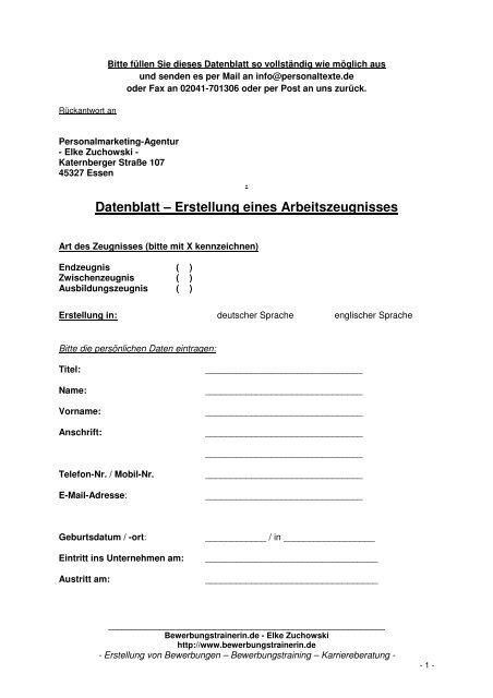 Datenblatt Erstellung Arbeitszeugnis Blanko Elke Zuchowski