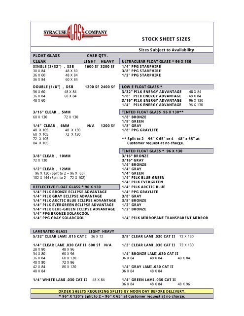 stock sheet sizes - syracuse glass company