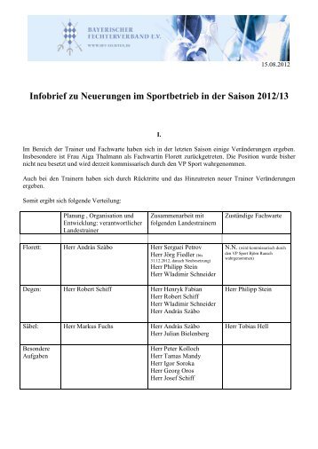 Infobrief zu Neuerungen im Sportbetrieb in der Saison 2012/13