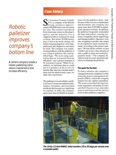 Robotic palletizer improves company's bottom line - Powder and ...