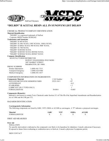 âDELRINâ II ACETAL RESIN ALL IN SYNONYM LIST DEL019