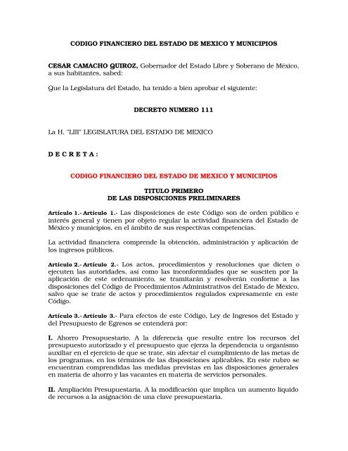 Código Financiero - LVIII Legislatura del Estado de México