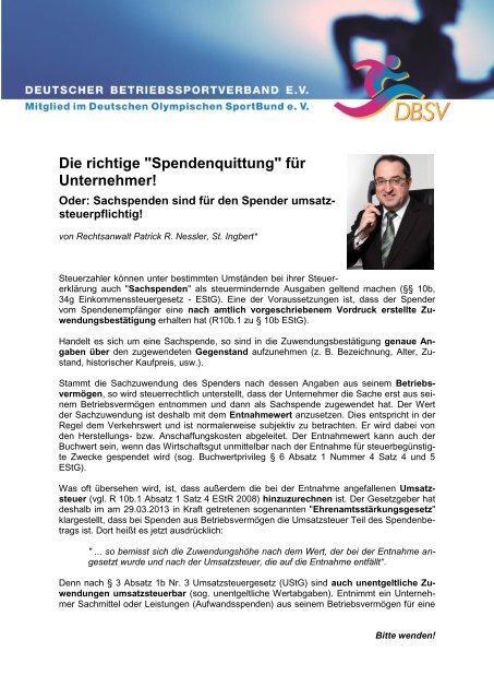 Die richtige &quot;Spendenquittung&quot; für Unternehmer - BKV