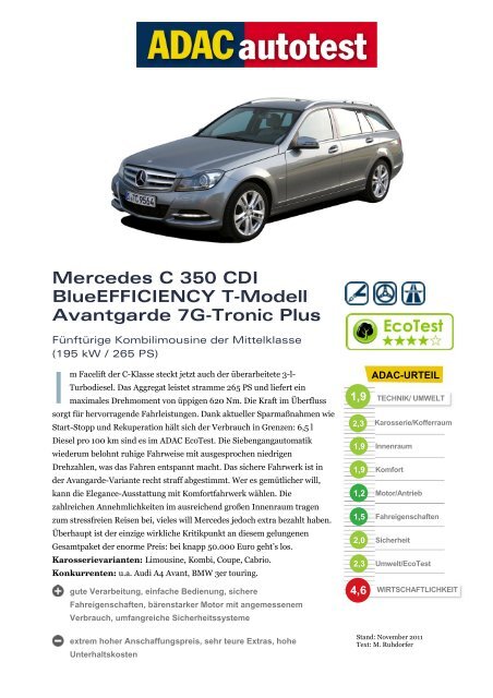 Umfassender Test Mercedes C 350 Cdi Blueefficiency T Adac