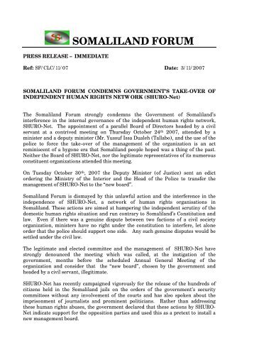 Press Release 03/11/2007 - Somaliland Law