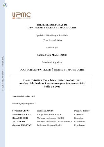 Caractérisation d'une bactériocine produite par une bactérie ...