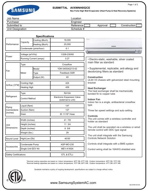 AVXWNH052CE Submittal pdf - Samsung System AC