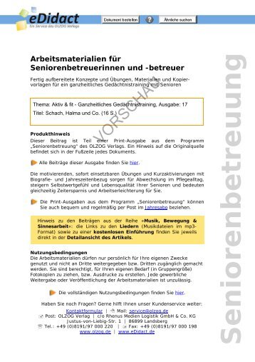 Arbeitsmaterialien Seniorenbetreuung - Schach, Halma und Co.
