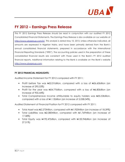2012 Full Year Results Press Release - UBA Plc