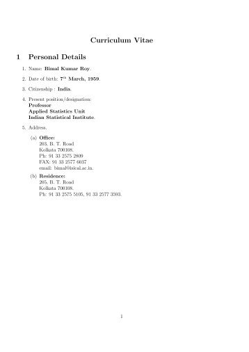 Curriculum Vitae 1 Personal Details - Indian Statistical Institute