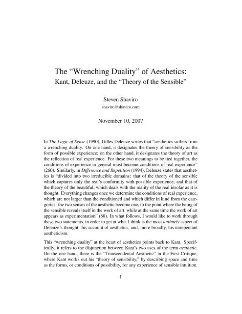 The Wrenching Duality Of Aesthetics Kant Steven Shaviro
