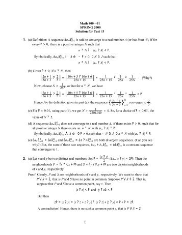 Math 400 - 01 SPRING 2000 Solution for Test #3 1. (a) Definition: A ...