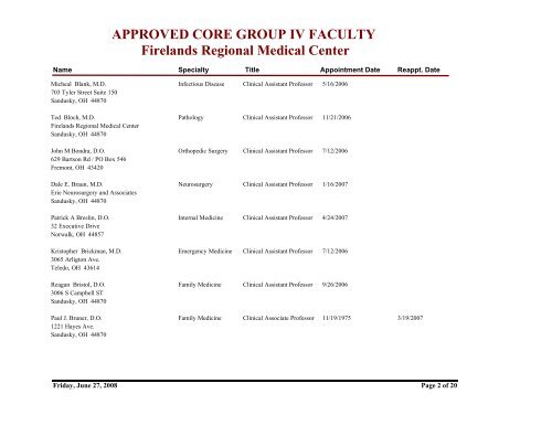 APPROVED CORE CLINICAL FACULTY NORTHWEST CORE