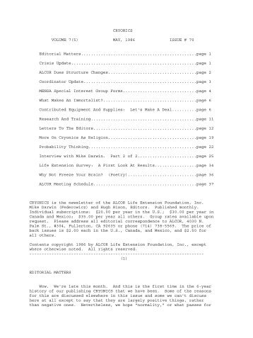 CRYONICS VOLUME 7(5) - Alcor Life Extension Foundation