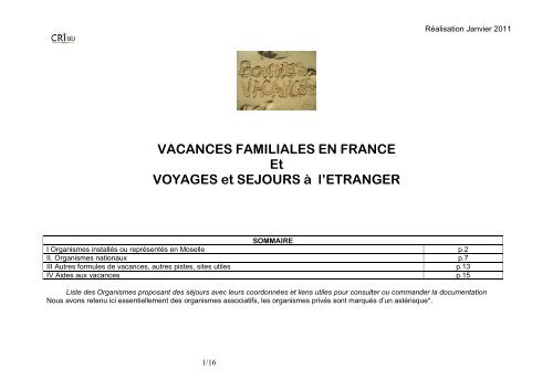 VANCANCES FAMILIALES EN FRANCE SEJOURS A L ... - CRI-Bij