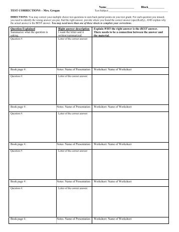 Test Corrections Worksheet