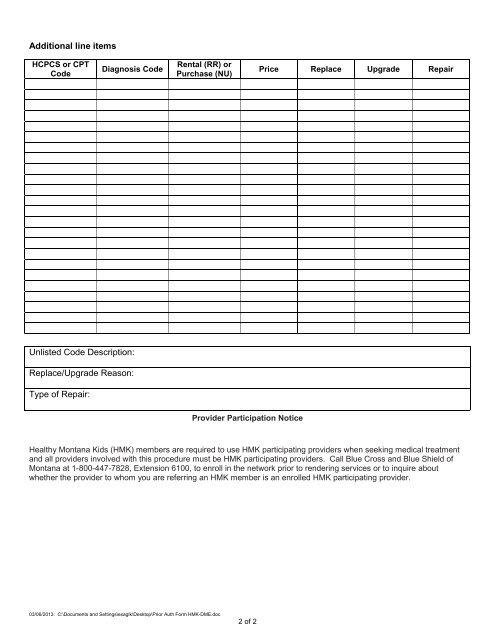 (HMK) - DME Form - Blue Cross and Blue Shield of Montana