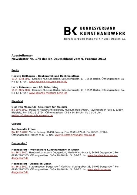 Ausstellungen Newsletter Nr. 174 des BK Deutschland vom 9 ...