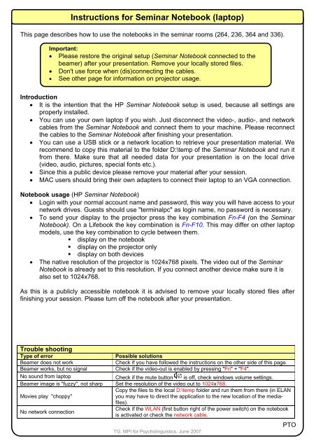 Instructions for Seminar Notebook (laptop)