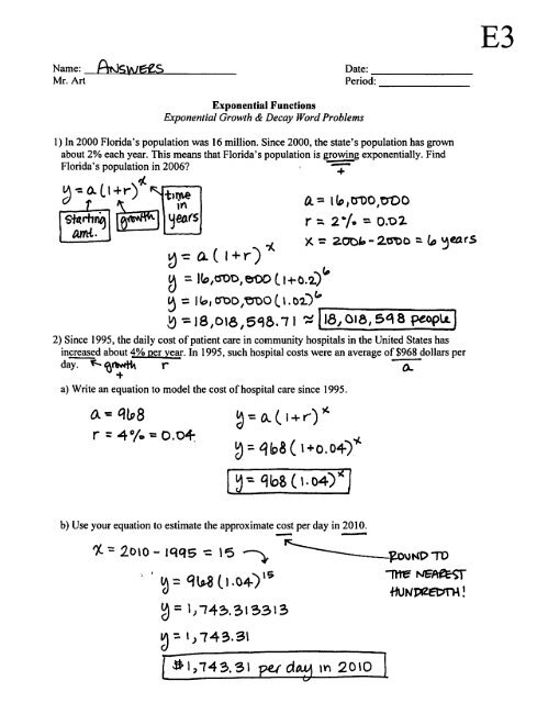 Exponential Functions - Growth & Decay - Worksheet - E3 - Answers ...