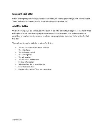 Making the job offer Job Offer Letter