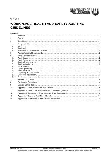 WHS Auditing Guidelines - Staff - University of Wollongong