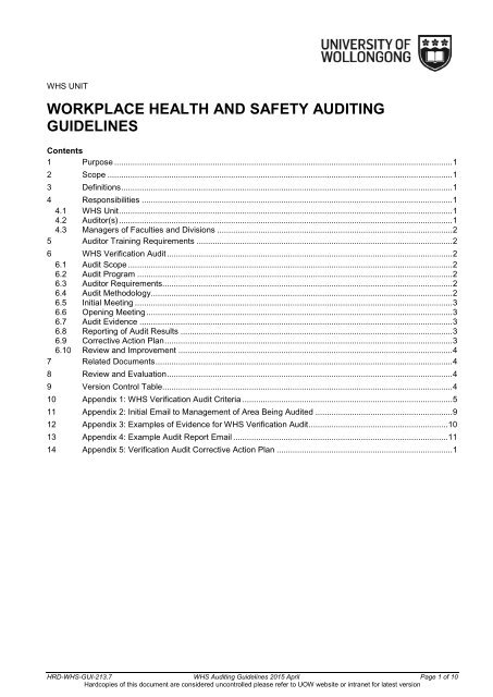 WHS Auditing Guidelines - Staff - University of Wollongong