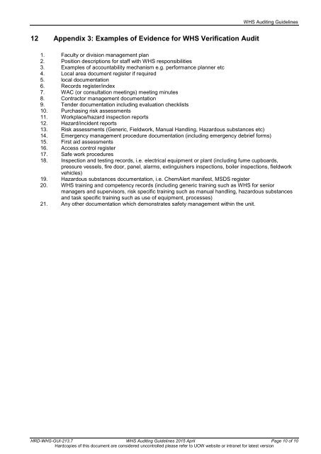 WHS Auditing Guidelines - Staff - University of Wollongong