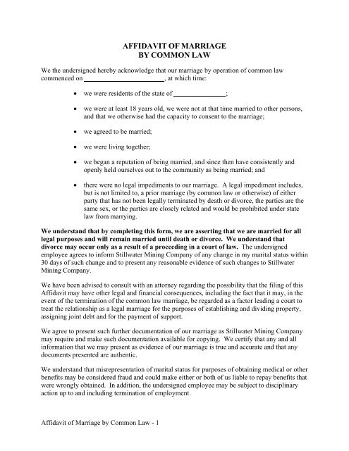 AFFIDAVIT OF MARRIAGE BY COMMON LAW