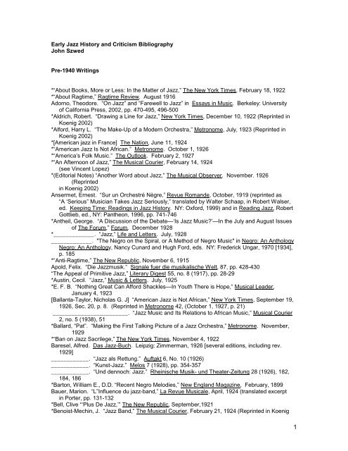 Early Jazz History and Criticism Bibliography John Szwed Pre-1940 ...