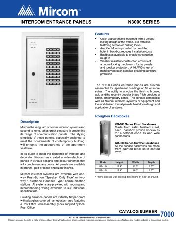 N3000 Series Intercom Entrance Panels Data Sheet - Mircom