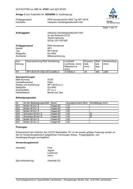 GUTACHTEN zur ABE Nr. 47281 nach §22 StVZO ... - onlineraeder.de