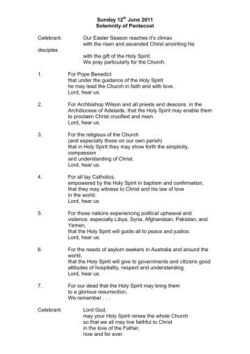 Daily Intercessions 12/6/11 - 18/6/11 - the Archdiocese of Adelaide