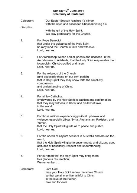 Daily Intercessions 12/6/11 - 18/6/11 - the Archdiocese of Adelaide