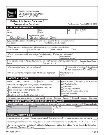 health questionnaire - Mount Sinai Hospital