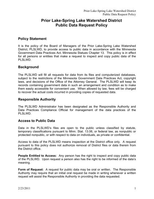 Prior Lake-Spring Lake Watershed District Public Data Request Policy