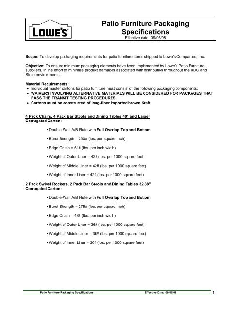 Patio Furniture Packaging Specifications - LowesLink