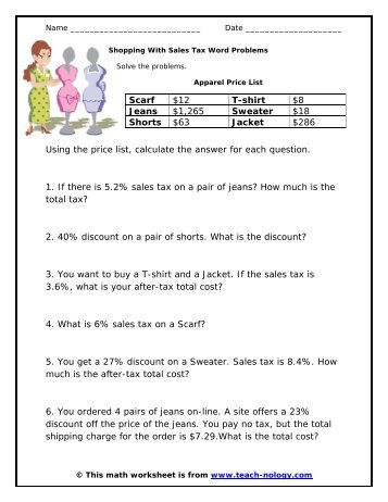 Shopping With Sales Tax Word Problems - Teach-nology