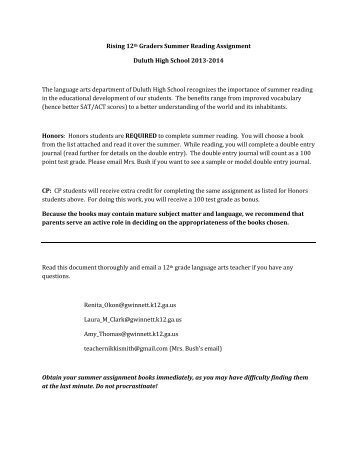 12th Grade Summer Reading Assignment 2013.pdf - Duluth High ...