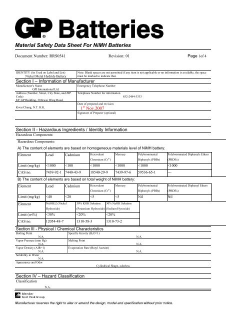 Material Safety Data Sheet For NiMH Batteries