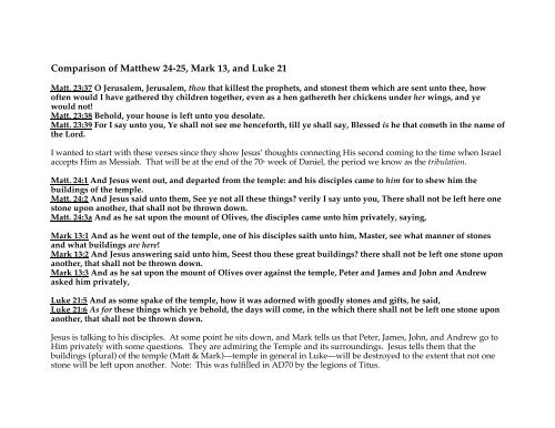 Comparison Of Matthew 24 25 Mark 13 And Luke 21 Mom S Bible
