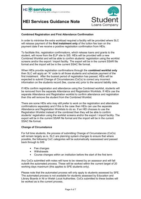 HEI Services Guidance Note - Student Loans Company