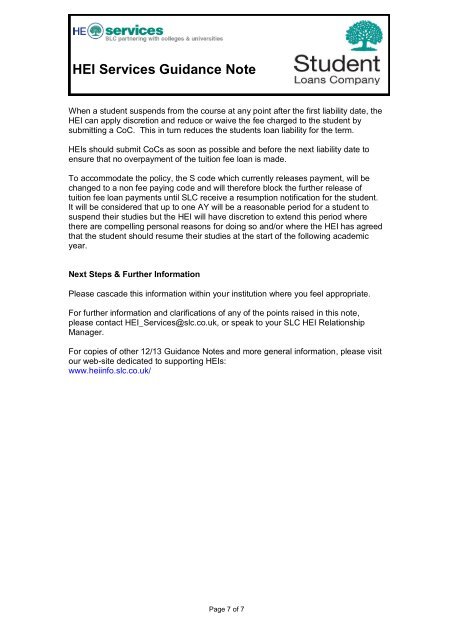 HEI Services Guidance Note - Student Loans Company