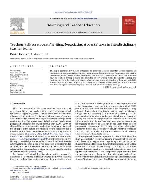 Teachers' talk on students' writing: Negotiating students' texts in ...